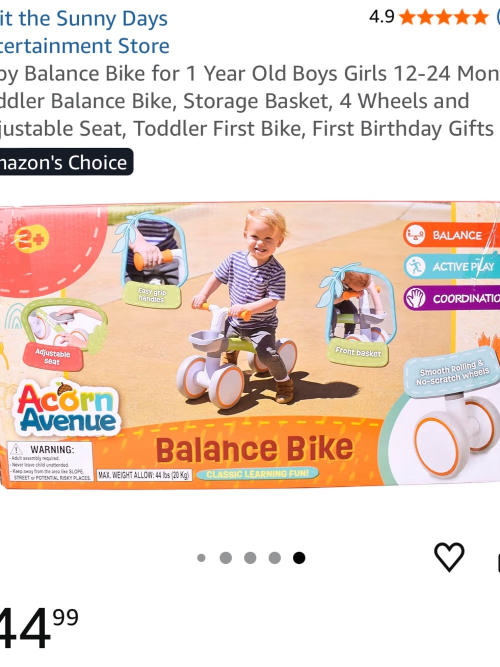 NIB Acorn Avenue Toddler Balance Bike in White & Orange